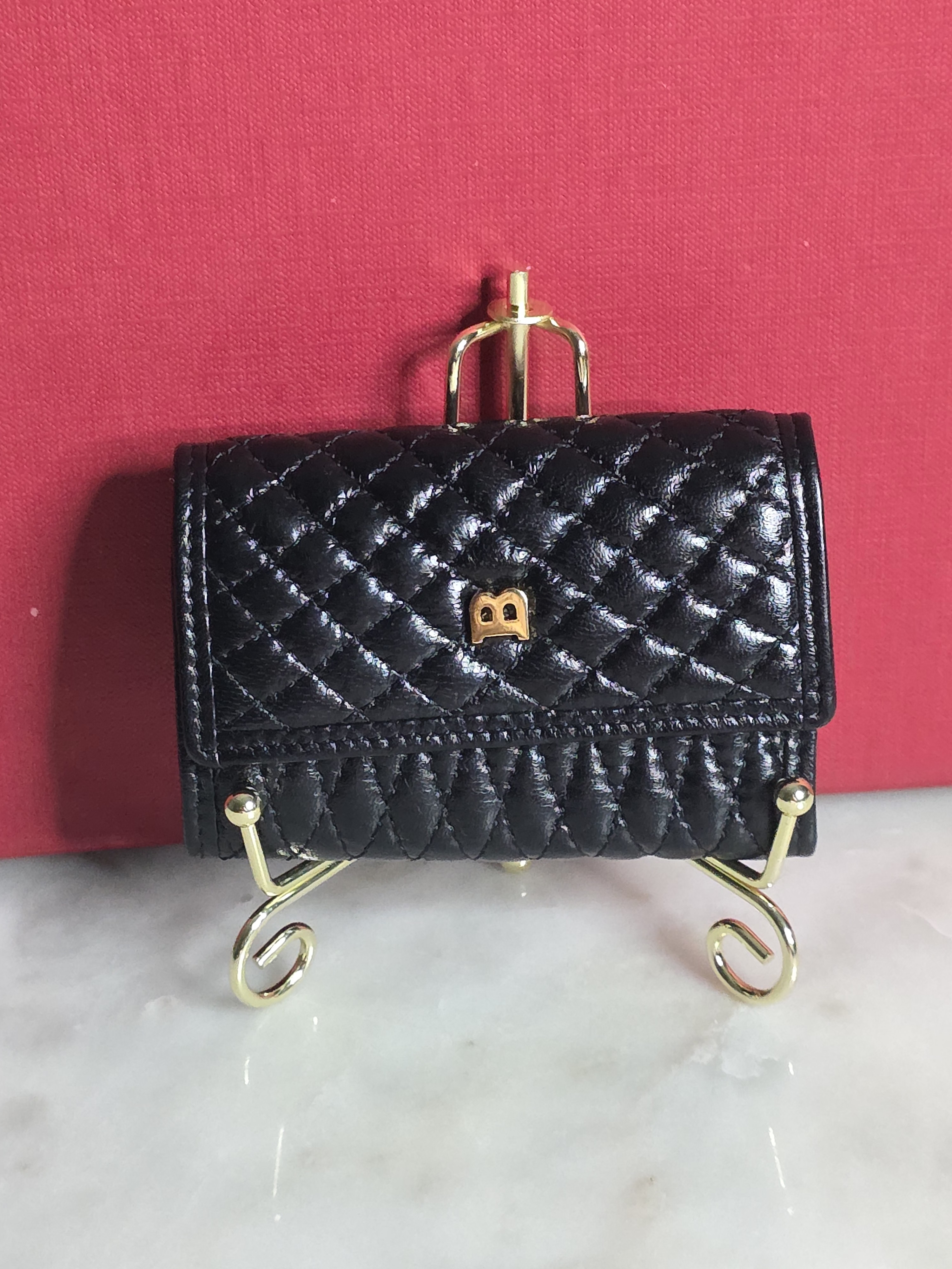 Bally Black Quilted Keycasr With Gold B Logol